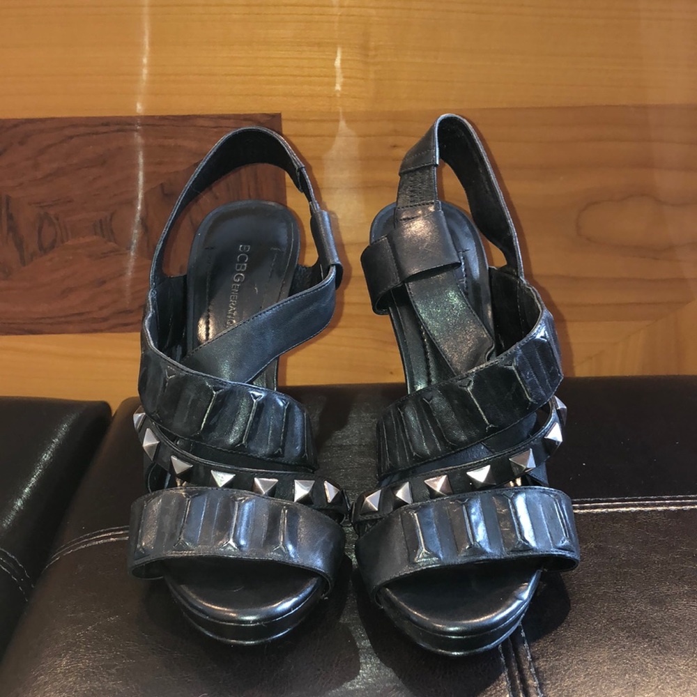 BCBG black leather studded heels